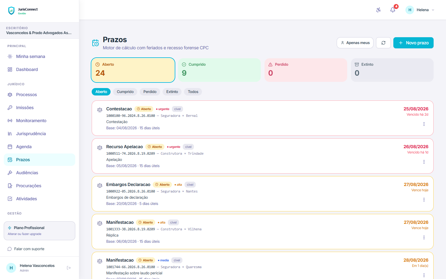 Tela de prazos da plataforma: contadores de aberto, cumprido e perdido, e a lista ordenada por vencimento, com o processo, as partes, o ato, a data-base, o prazo em dias úteis e a data de vencimento de cada um.